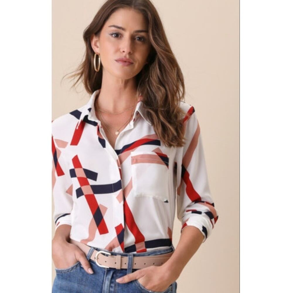 NWT Lulu's Camrose White Geometric Print Button-Up Long Sleeve Top